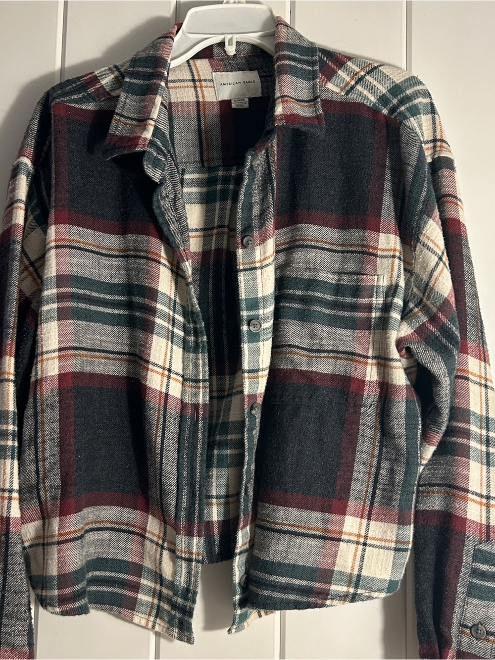 American Eagle shirt women’s XL Cropped plaid flannel XL crop top maroon green - Picture 12 of 16